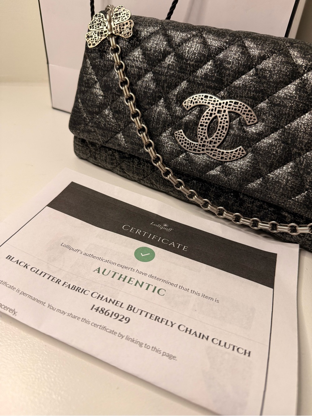 CHANEL Silver  Glitter Quilted Butterfly Chain Clutch